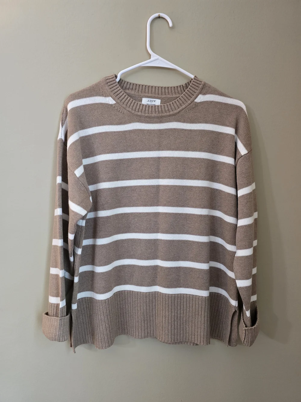 J.Crew Women Cotton Striped Crewneck Sweater in Beige and White Size S